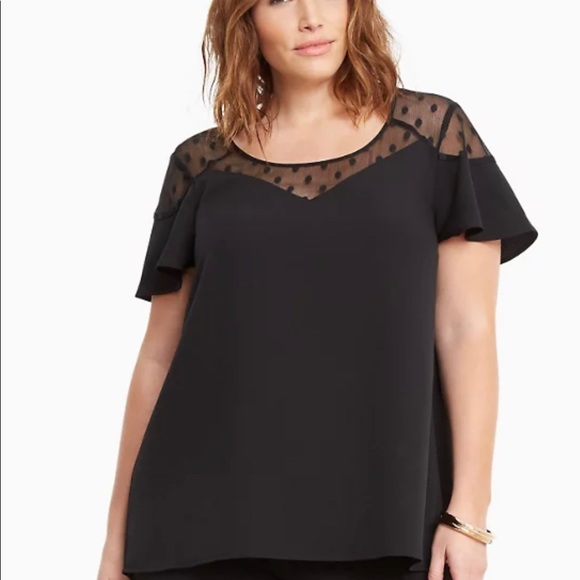 Torrid Black Crepe Mesh Dot Flutter Sleeve Top - Picture 1 of 3
